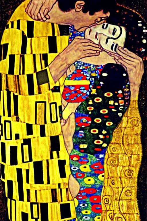 Image similar to gustav klimt the kiss with kissed Nicolas Cage face