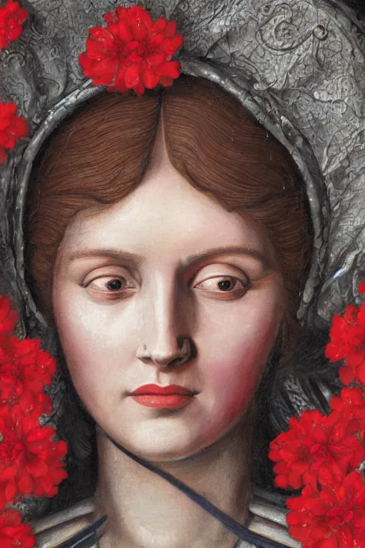 Prompt: hyperrealism close - up mythological portrait of a medieval woman's face partially made of crimson flowers in style of classicism, wearing silver silk robe, blue palette