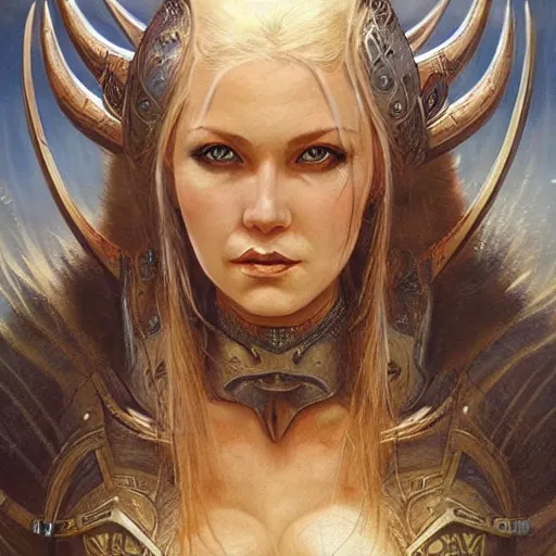 Prompt: viking woman, blonde, tall, warriot, d & d, concept art, science fiction, style of karol bak