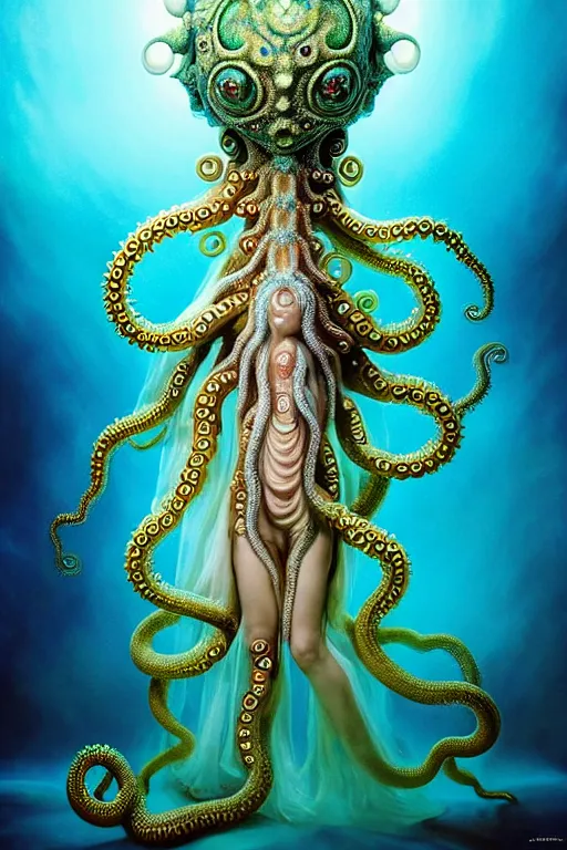 Prompt: A full body shot of a cute young humanoid monster wearing an ornate dress made of opals and tentacles on the ocean floor. Subsurface Scattering. Dynamic Pose. Translucent Skin. Caustics. Prismatic light. defined facial features, symmetrical facial features. Opalescent surface. Soft Lighting. beautiful lighting. By Giger and Ruan Jia and Artgerm and WLOP and William-Adolphe Bouguereau and Loish and Lisa Frank. Fantasy Illustration. Sailor Moon. Masterpiece. trending on artstation, featured on pixiv, award winning, cinematic composition, dramatic pose, sharp, details, Hyper-detailed, HD, HDR, 4K, 8K.