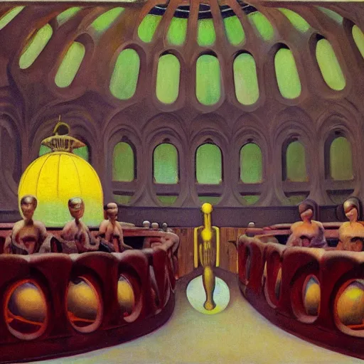 Image similar to three brutalist robotic seers watchers oracles soothsayers inside a dome, pj crook, grant wood, edward hopper, syd mead, oil on canvas