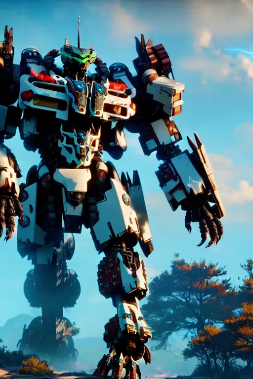 Image similar to a cinematic still from horizon zero dawn and pacific rim and transformers, full body mech, armored core, intact humanoid servo, octane render, nvidia raytracing demo, masterpiece, aged armor plating, decipticon armor plating, aggressive head, endoekeleton exposure