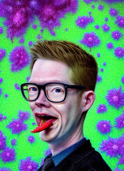 Image similar to hyper detailed 3d render like a Oil painting - kawaii portrait of Hank Green in Aurora (Singer) seen Eating of the Strangling network of yellowcake aerochrome and milky Fruit and Her delicate Hands hold of gossamer polyp blossoms bring iridescent fungal flowers whose spores black the foolish stars by Jacek Yerka, Mariusz Lewandowski, Houdini algorithmic generative render, Abstract brush strokes, Masterpiece, Edward Hopper and James Gilleard, Zdzislaw Beksinski, Wolfgang Lettl, hints of Yayoi Kasuma, octane render, 8k