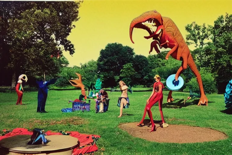 Image similar to full - color 1 9 7 0 photo of : view from a back porch of a lawn with a giant doing cartwheels, a statue wearing high - heels, happy creatures dancing, a dinosaur - victrola, tambourines and elephants playing in the band, a magician summoning a wondrous apparition, and people riding on a flying spoon.