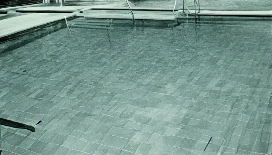 Image similar to 1 9 6 0 s movie still of empty yellow tiles swimmingpool, low quality, liminal space style