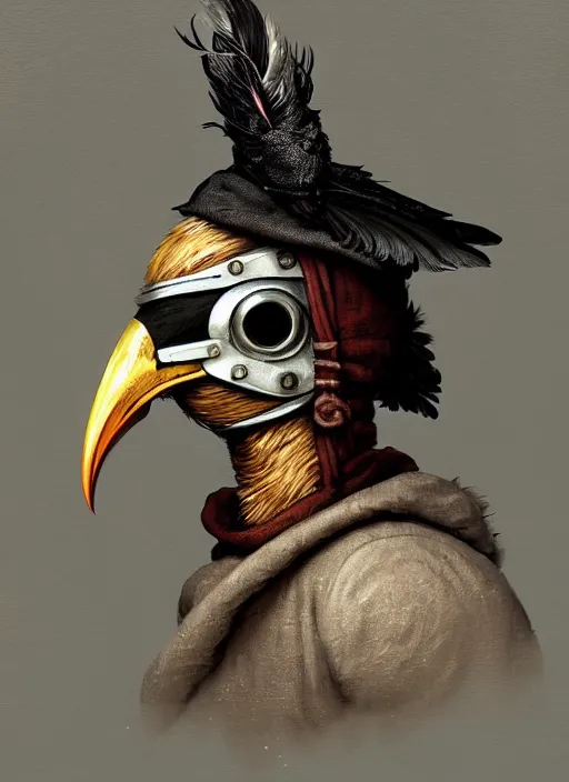 Prompt: rpg! profile!! portrait of humanoid bird on white background, beak, feathers, plague doctor, robot, vintage doll, intricate, highly detailed, digital painting, artstation, concept art, smooth, sharp focus, illustration, art by norman rockwell emiliano ponzi andrey remnev yoann lossel aaron jasinski, 8 k