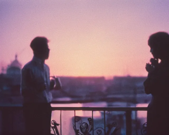 Image similar to lomo photo of pair standing on small hrushevka balcony full with cigarette smoke in small russian town looking at sunset, cinestill, bokeh