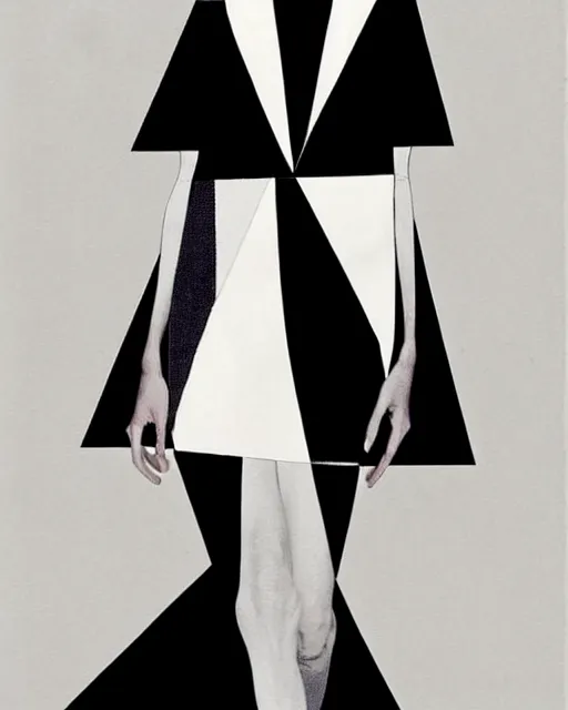 Prompt: a model walks down the runway in a black dress, a cubist painting by alexander mcqueen, trending on pinterest, vorticism, androgynous, biomorphic, geometric
