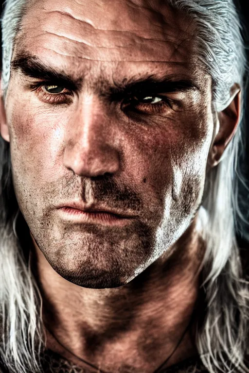 Image similar to upper body portrait of geralt of rivia, 5 5 mm lens, professional photograph, serious, stern look