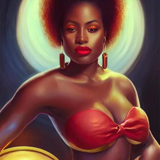Prompt: Beautiful black woman with round face red lips and large eyes, afro, crop shirt and strong abs, playing a golden drumset in a recording studio, digital painting, artstation, concept art, smooth, sharp focus, illustration, art by artgerm and donato giancola and Joseph Christian Leyendecker, Ross Tran, WLOP