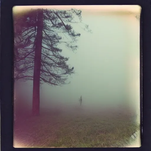 Image similar to impossibly large tree in a forest clearing reaching into the fog, night, old polaroid, expired film, megalophobia,