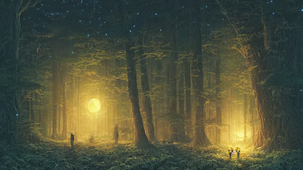 Image similar to highly detailed illustration of an old giant forest with fireflies at night by makoto shinkai, by oliver vernon, by joseph moncada, by damon soule, by manabu ikeda, by kyle hotz, by dan mumford, by otomo, 4 k resolution