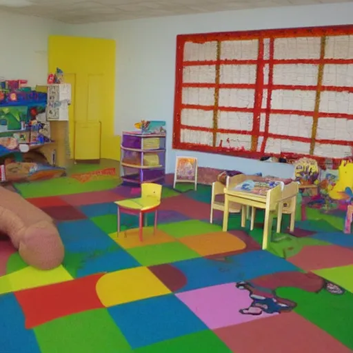 Image similar to childrens daycare indoors limital space, not well litt, creepy photo