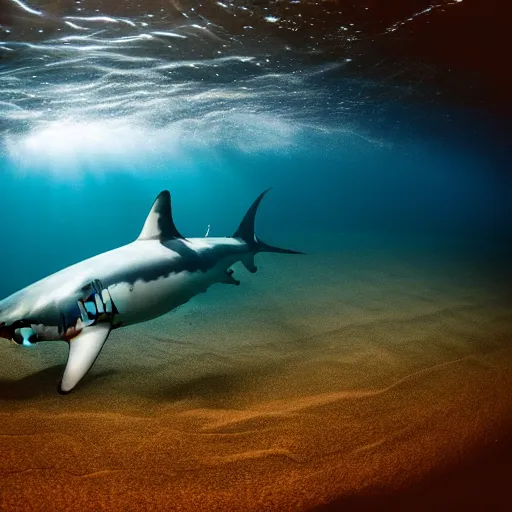 Image similar to A great white shark is swimming towards the viewer out of the dark water, underwater, underwater photography, night, hyperrealism, wildlife photo, trail cam, ultra high detail