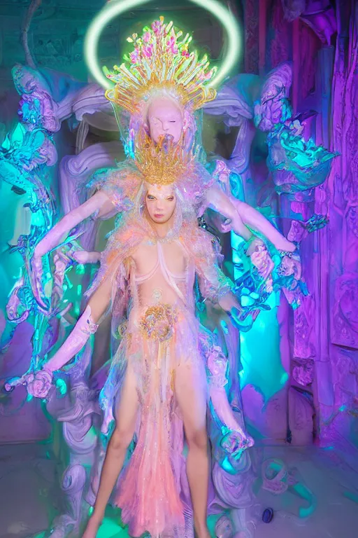 Image similar to full-body rococo and cyberpunk delicate neon crystalline sculpture of ((young muscular golden albino Colombian prince)) as an iridescent humanoid deity wearing ((peach plastic hooded cloak)) (holding a human skull) in a white castle dungeon, reclining, glowing pink face, crown of (pink lasers), large blue diamonds, swirling black silk fabric. futuristic elements. oozing glowing liquid, full-length view. space robots. intricate artwork by caravaggio. Trending on artstation, octane render, cinematic lighting from the right, hyper realism, octane render, 8k, depth of field, 3D