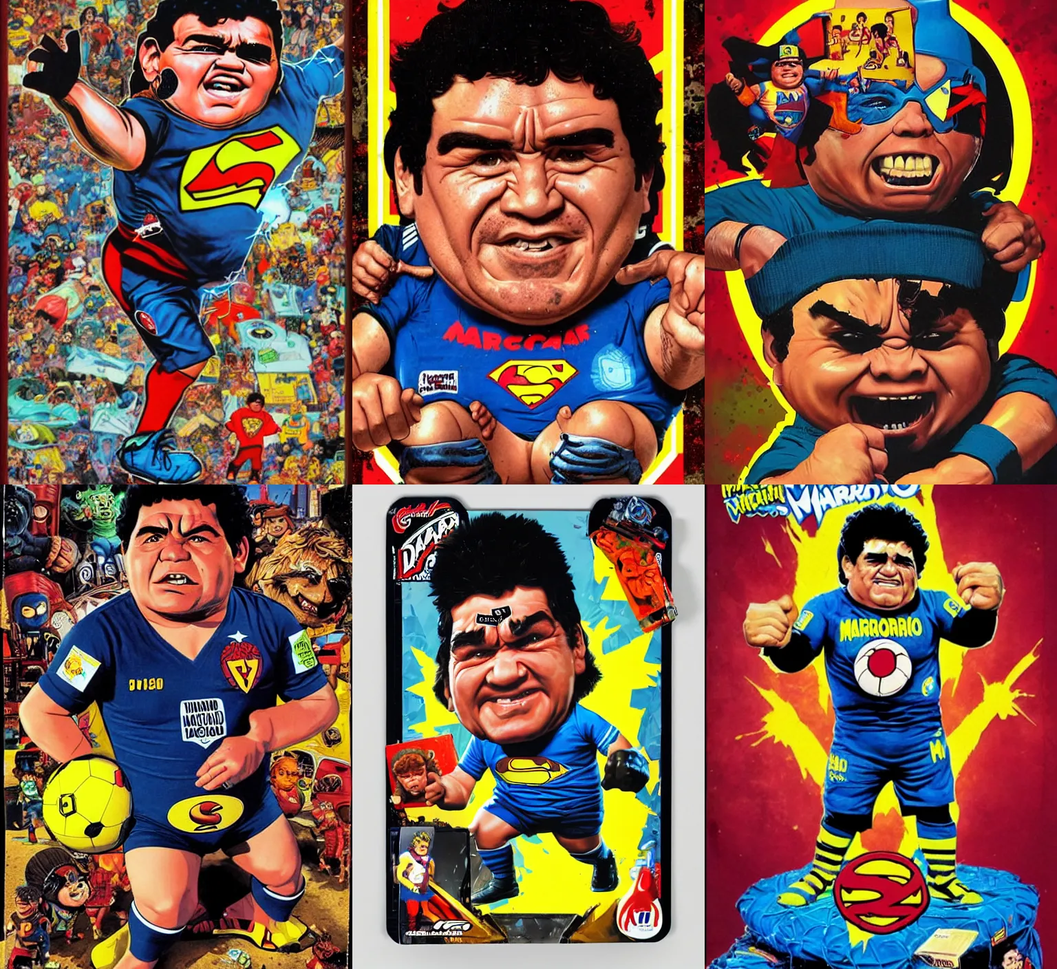 Prompt: Portrait of Diego maradona as a super hero, garbage pail kids style by Craig mullins and Jason edmiston, trading card