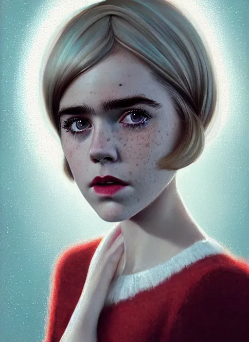 Image similar to portrait of kiernan shipka with freckles, white hair, 1 9 6 0 s bob hairstyle, hairstyle with bangs, 1 9 6 0 s bob hair with bangs and hairband, intricate, elegant, glowing lights, highly detailed, digital painting, artstation, concept art, smooth, sharp focus, illustration, art by wlop, mars ravelo and greg rutkowski