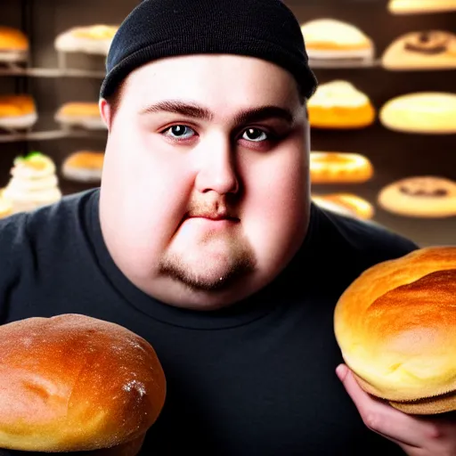 Image similar to Close up portrait of a chubby man with a bakery the background. Photorealistic. Award winning. Dramatic lighting. Intricate details. UHD 8K. He looks guilty.