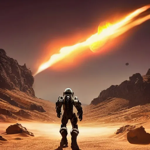 Prompt: ultra realistic on location photograph of master chief on a desert planet. epic image. action pose. explosions. sunrise. canon. carl zeiss