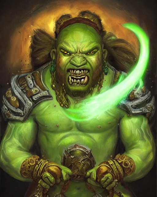 Prompt: a renaissance style portrait painting of a world of warcraft orc, garrosh hellscream, holding green fire. top left warm lighting