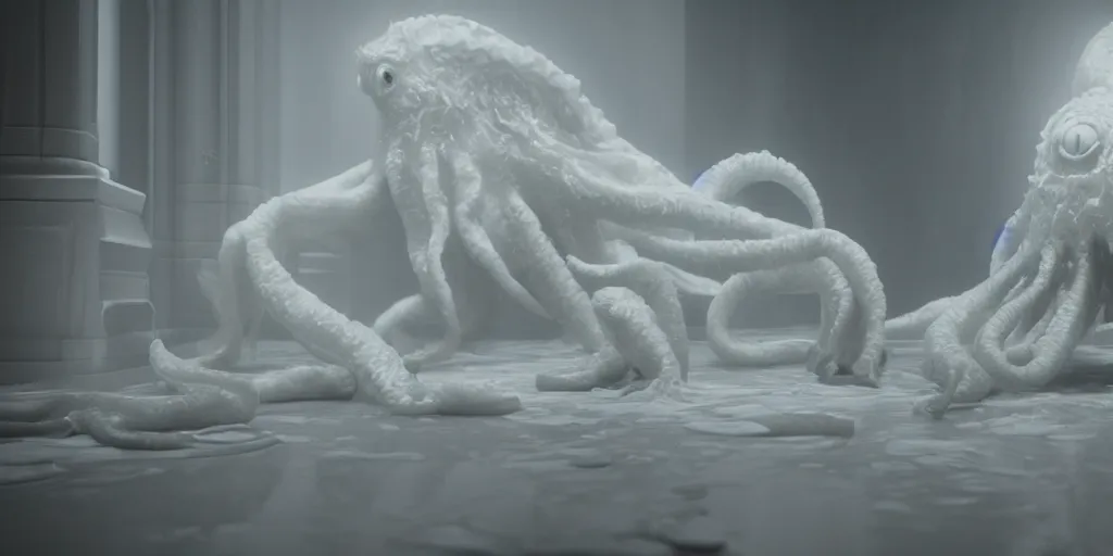 Prompt: a cthulhu in a white room, white fur, cinematic lighting, reflective floor, trending on artstation