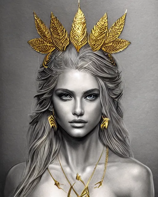 Image similar to tattoo design sketch of hot blonde super model as aphrodite greek goddess wearing a gold laurel wreath and triangle earrings, beautiful piercing gaze with sharp pupils, in the style of greg rutkowski, fantasy, amazing detail, epic, elegant, smooth, sharp focus, front view