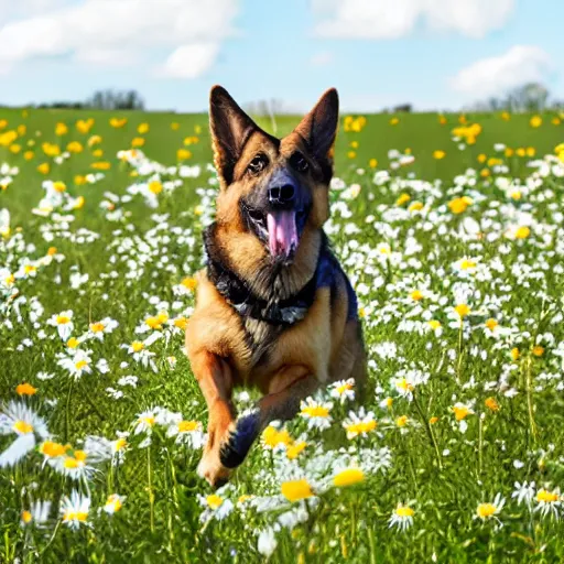 Prompt: German shepherd dog chasing a bunny in a field with daisies, trees in the distance with sun blue skies a couple of clouds