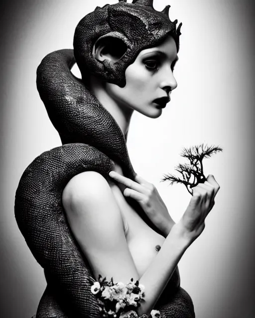 Image similar to a black and white high quality dreamy photo of a young beautiful female queen-pale dragon-vegetal-many flower-cyborg bust with a very long neck, elegant, highly detailed, poetic, soft, dreamy, mysterious, high fashion, rim light, in the style of Ellen von Unwerth, Realistic, Refined, Digital Art, Highly Detailed, Cinematic Lighting, rim light, black and white, photo-realistic, 8K