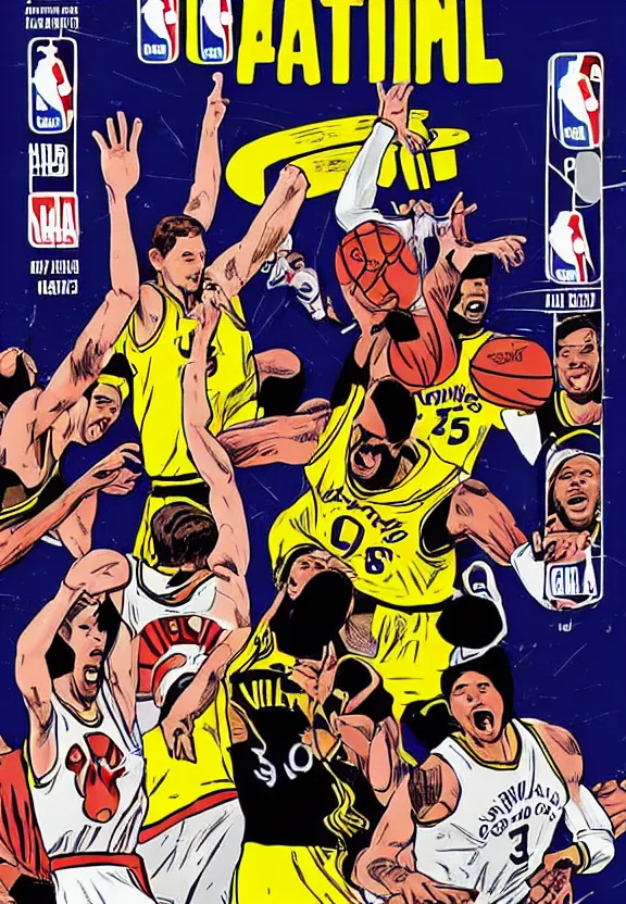 Image similar to The NBA Finals, a game winning shot, in a comic book style