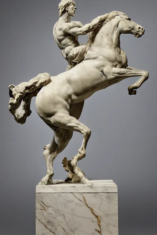 Prompt: a detailed marble sculpture of a horse, rearing dramatically, by michelangelo