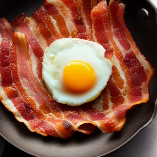 Image similar to bacon and eggs in pan, closeup, close angle, dramatic lighting