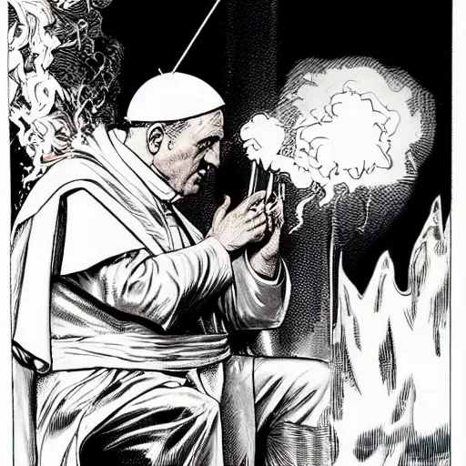 Prompt: The Pope Smoking ,dc comics, dark, intricate, highly detailed, smooth, artstation, digital illustration by Jim Lee and Brian Bolland