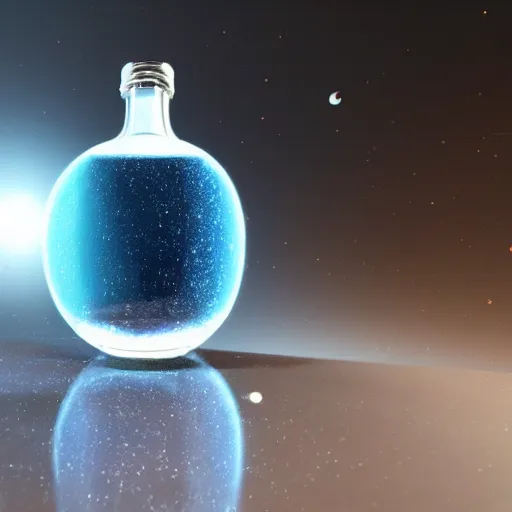 Image similar to Galaxy in a Bottle sitting on a white table in a brightened room, rendered by, Xie Boli, Max Hay, Cameron Mark, and Hue Teo, artstation 3d, artstation render, artstation 3d render, 3d art, unreal engine 3d, octane 3d, blender 3d, 3d landscape, photorealistic imagery, photorealistic details, intricate, highly detailed, trending on artstation, 4k, 8k