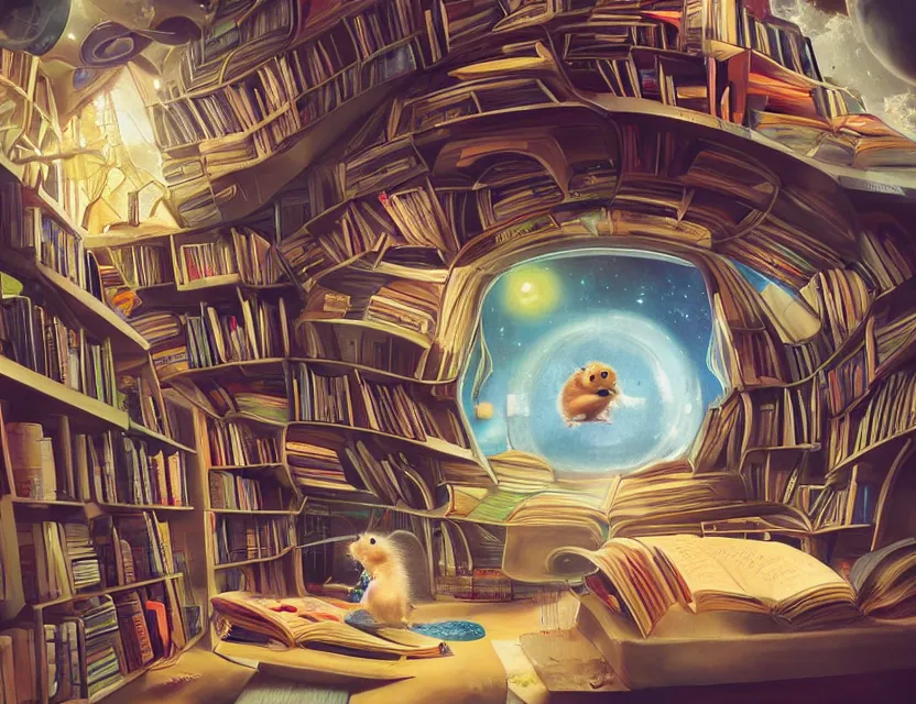 Prompt: student a little hamster reading a book in a cluttered library inside a futuristic spacecraft with views of the universe, kawaii, chris moore, trending on artstation