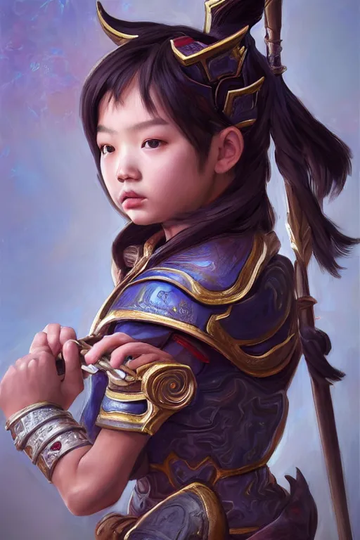 Image similar to a masterpiece portrait of nezha, handsome kid wear holding spear, fantasy character portrait, hyper detailed, digital painting, 8 k realistic, trending on artstation, sharp focus, dof, by ne zha ( 2 0 1 9 ), fenghua zhong, artgerm, ne zha from smite, tsuyoshi nagano, top lighting