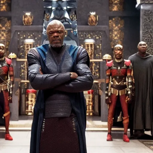 Image similar to film still of Samuel L Jackson as King T-Challa, in new Black Panther film