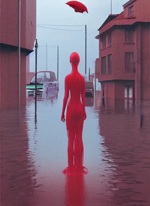 Image similar to futuristic woman dressed in transparent red plastic bags, on flooded street Edward Hopper and James Gilleard, Zdzislaw Beksinski, highly detailed