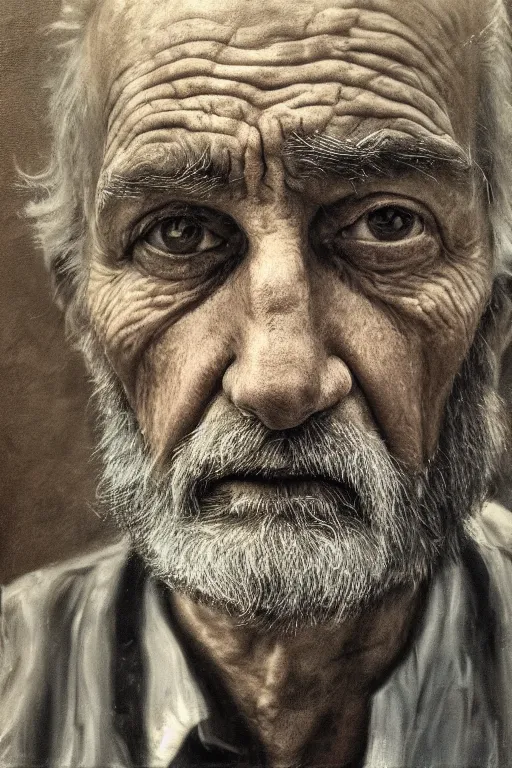 Image similar to a portrait of an old man with a solemn look and deep expression in his eyes, oil on canvas, highly detailed, strong lighting, cinematic, HD, 4K