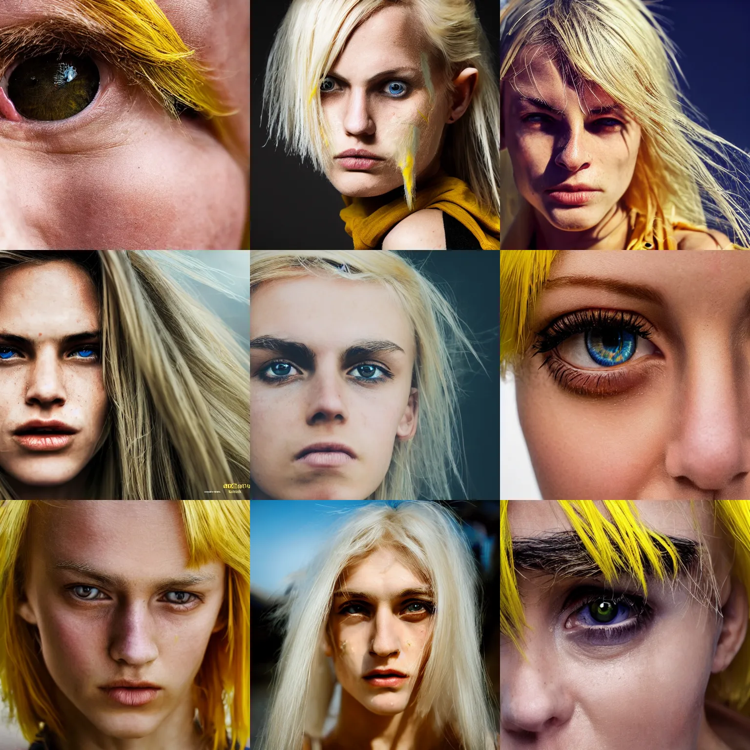 Prompt: muscular thin woman with messy yellow hair young caucasian actress close up, boisterous, rugged, cute, modern style, 1 5 0 mm f 2. 8, extreme close up face shot, hasselblad, art, brian ingram, steve mccurry, high quality, 4 k, dramatic lighting, eye reflections