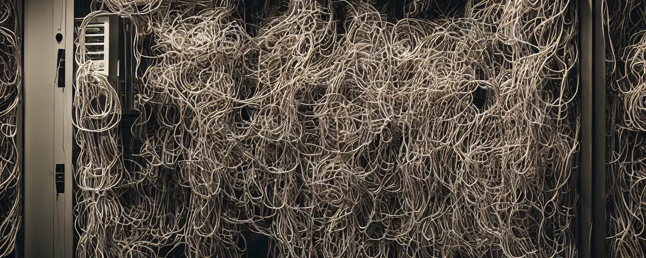 Image similar to taxidermized, a large computer server room overflowing with spaghetti, 5 0 mm, 1. 8 aperture, cinematic lighting, photography, retro, film, kodachrome, closeup