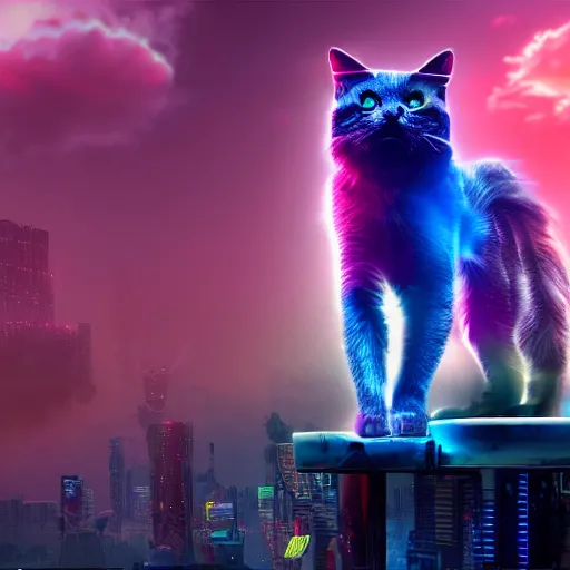 Image similar to colorful cyberpunk cat with 2 heads walking on clouds, realistic, 4 k