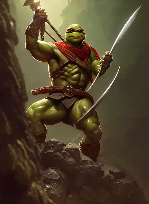 Prompt: Portrait of ninja turtle, D&D, muscular, fantasy, intricate, elegant, highly detailed, digital painting, artstation, concept art, smooth, sharp focus, illustration, art by artgerm and greg rutkowski and alphonse mucha