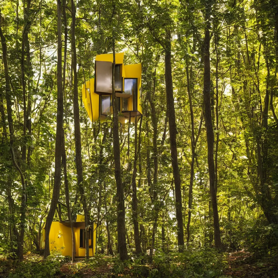 Image similar to a tiny tiny house in a light forest, designed by Frank Gehry. Tiles. Film grain, cinematic, yellow hue