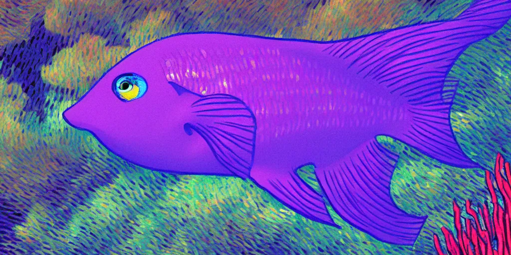 Image similar to A purple fish, swimming in a beautiful coral reef, Digital art, Concept art by Studio Ghibli and Pixar and Vincent Van Gogh