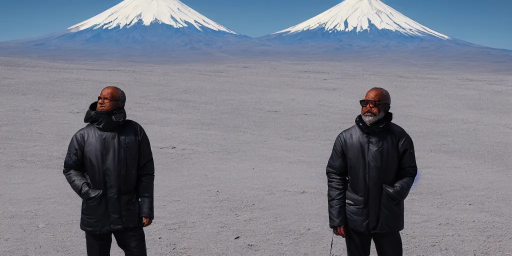 Image similar to old black man, silver metallic moncler jacket, mt fuji in background,