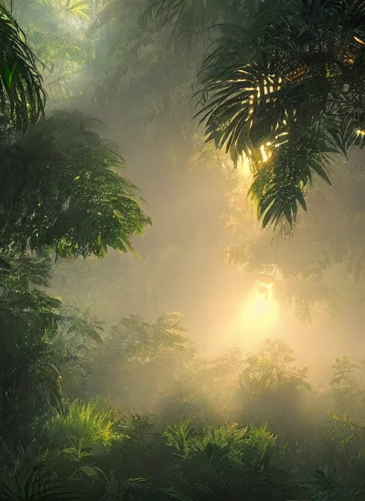 Prompt: jungle with sunrays piercing foliage and fog at dusk, realistic, ultra detailed, artstation