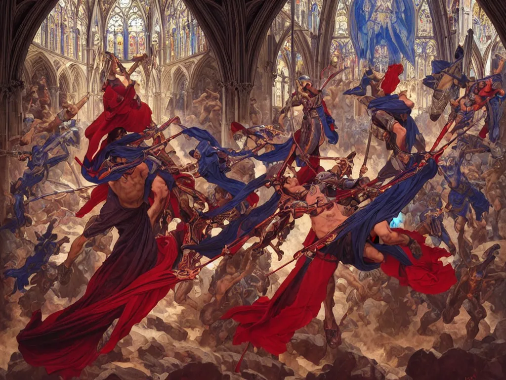 Image similar to epic battle between human warriors mages and demons, inside cathedrals and abbeys, fullbody!! dynamic action pose, religious, intricate, elegant, highly detailed, digital painting, artstation, concept art, smooth, sharp focus, red and blue color scheme, illustration, art by artgerm and greg rutkowski and alphonse mucha