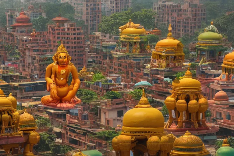 Image similar to high quality dreamscape! biomorphic new delhi, hanuman!! head building, kalighat, octane highly detailed, cinematic smooth, stephen shore & john j. park, soft morning light, wide shot, high angle, uhd 8 k, deep focus