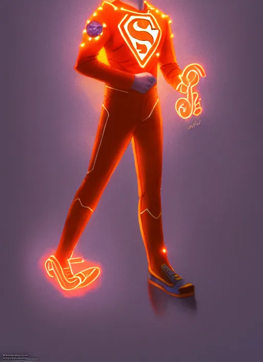 Image similar to teenage archie andrews wearing an orange superhero costume, intricate, elegant, glowing lights, highly detailed, digital painting, artstation, sharp focus, illustration, art by wlop, mars ravelo and greg rutkowski