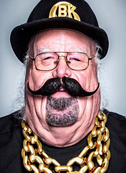 Image similar to dslr portrait photo still of!!! wilfred brimley!!! white mustache as a gangsta rapper with gold chains and gold teeth grills growling at camera, 8 k, 8 5 mm f 1. 8